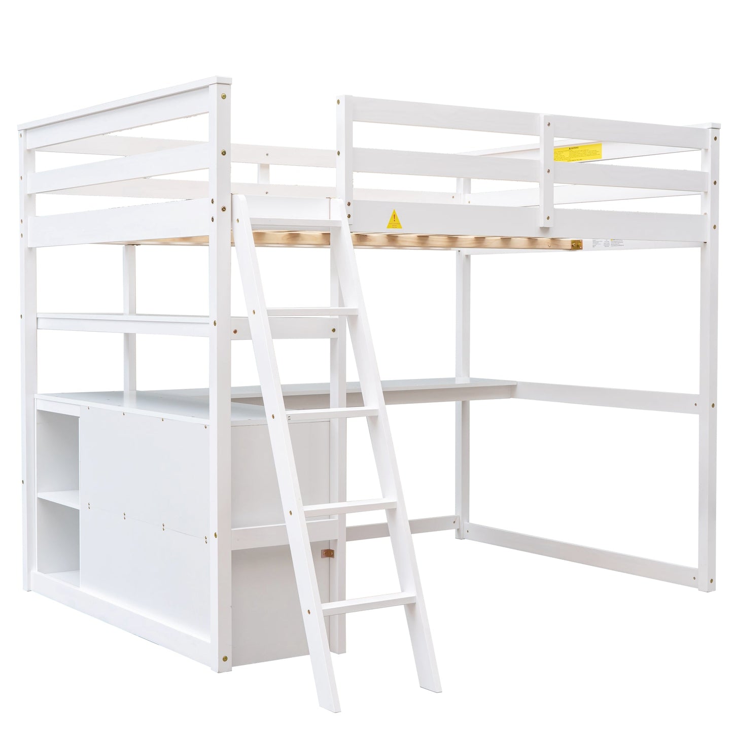 Cama loft de tamaño completo con escritorio y estantes, dos cajones incorporados