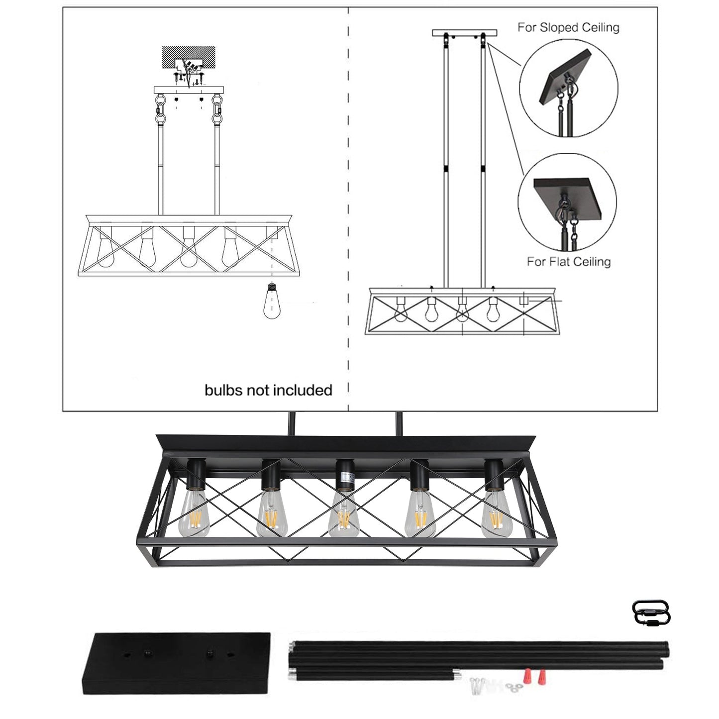 5-light farmhouse pendant light, metal pendant light island fixture, modern rectangular island light, pure black (no bulb) - Korvel