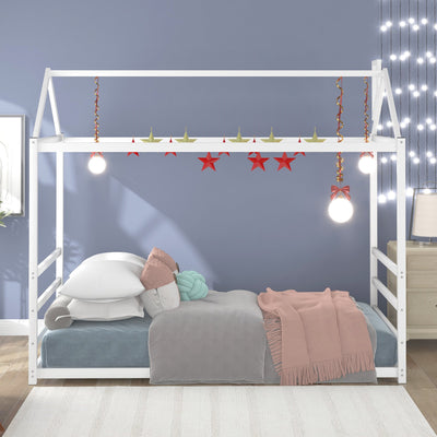 House Platform Bed with Roof and Chimney Design,White - Korvel