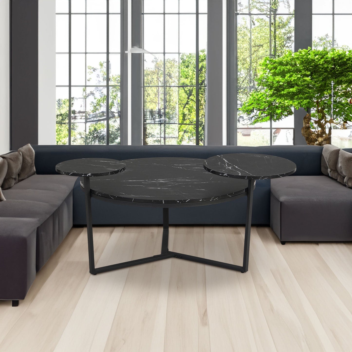 Modern coffee table with two display shelves, Black Faux marble surfaces, Tripod-inspired base,Rounded tabletop edges - Korvel