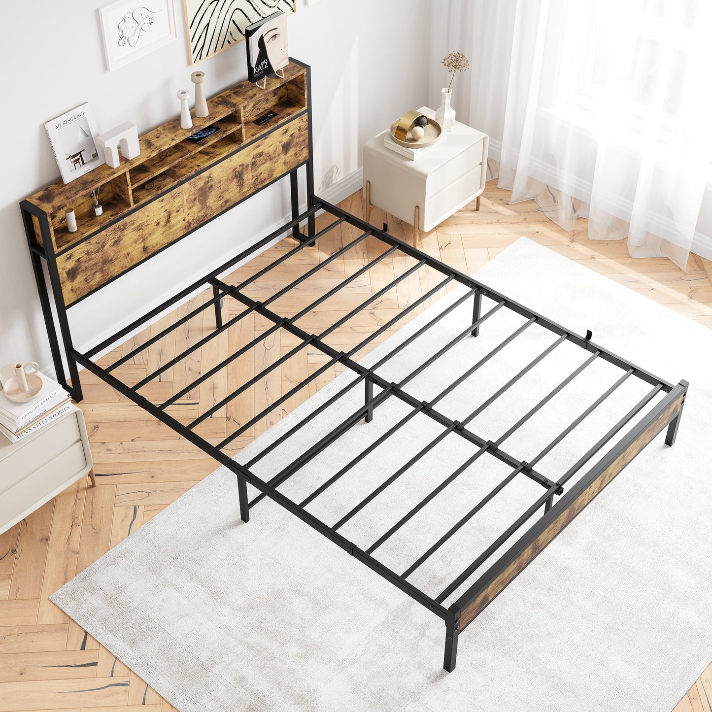 Queen Bed Frame with Storage Headboard and Charging Station - Black