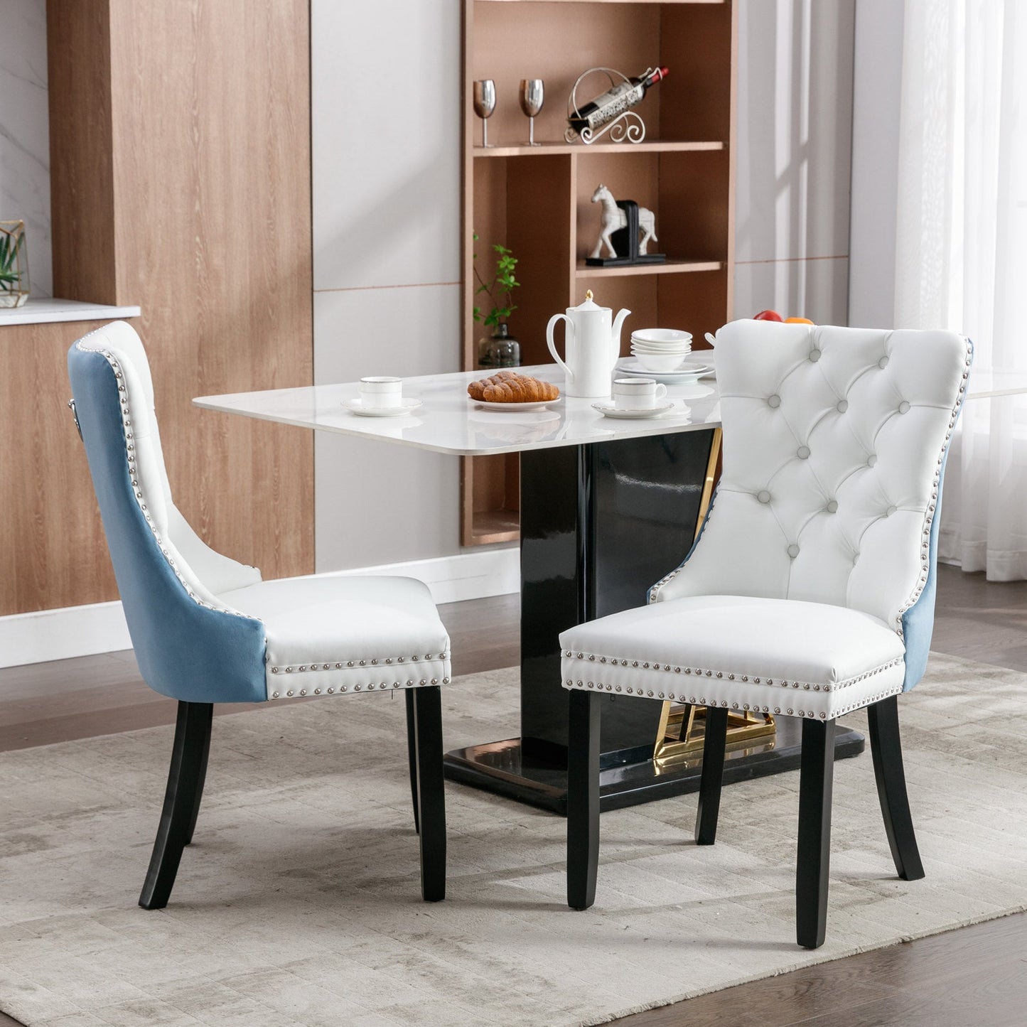 A&A Furniture Nikki Collection Modern High-end Tufted Solid Wood Contemporary PU 2-Pcs Set White+Light Blue - Korvel
