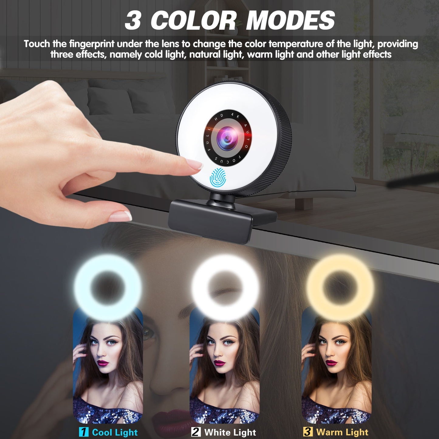 Cámara web 4K de alta definición con enfoque automático y luz de relleno