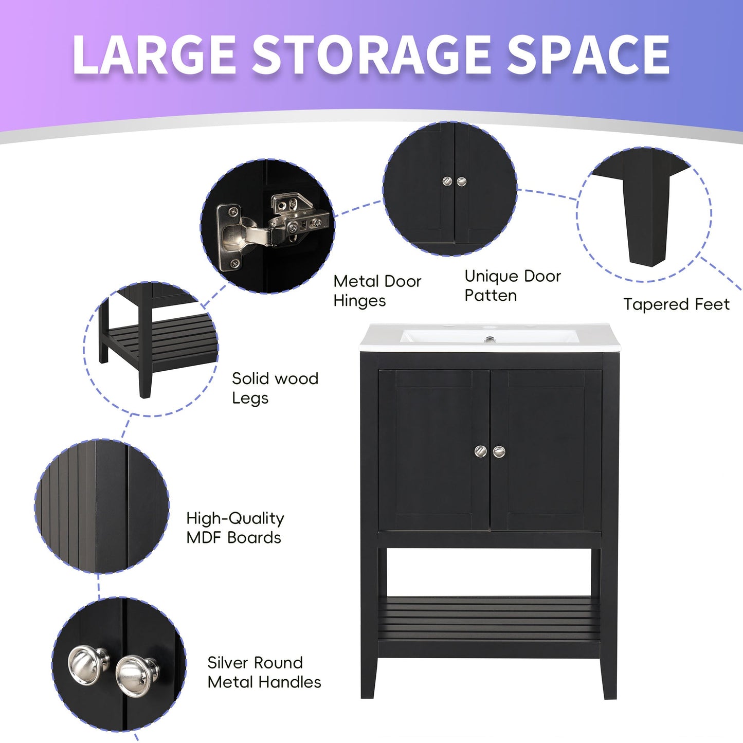 Meuble de salle de bain moderne noir de 24" avec évier en céramique élégant