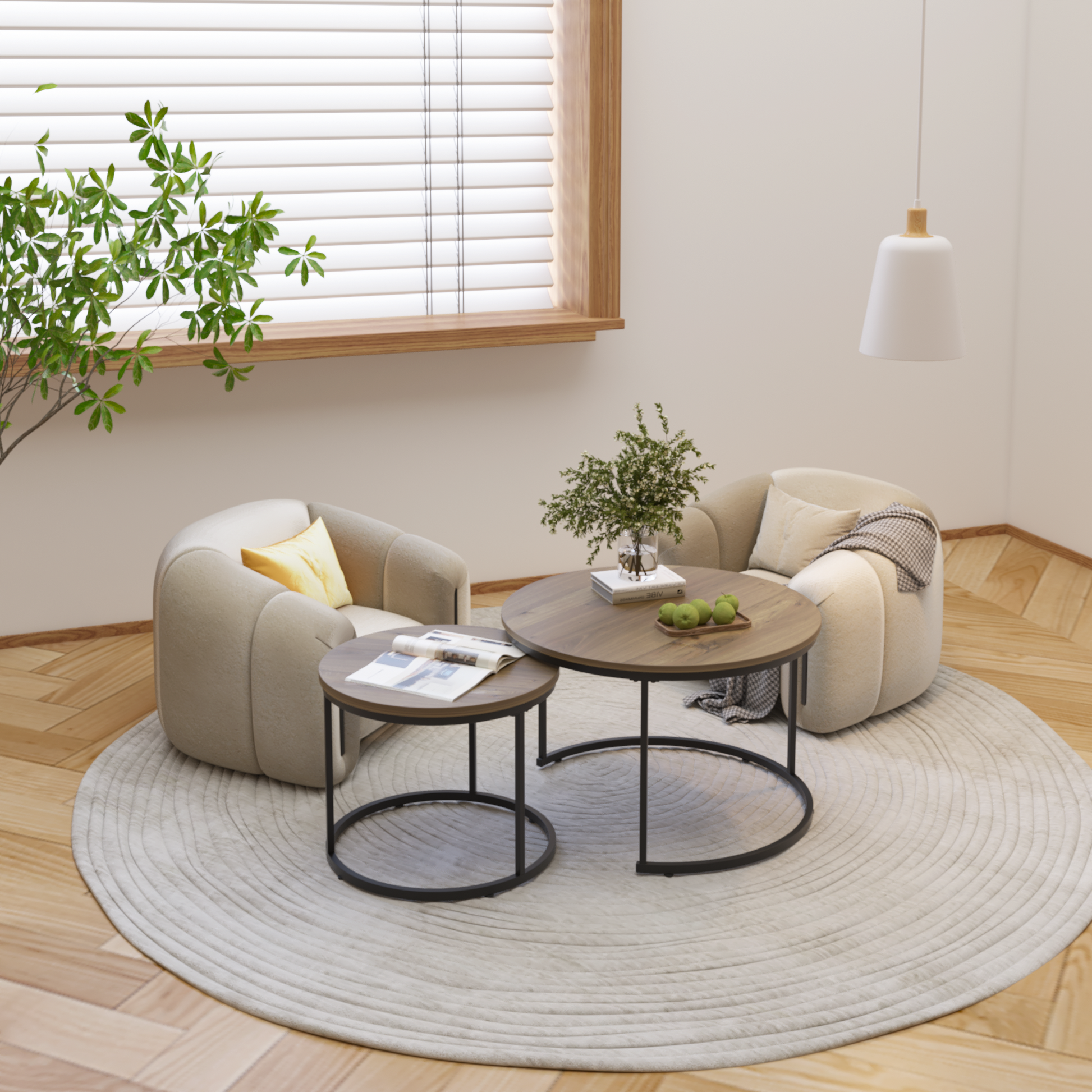 A set of nested coffee tables, 27.6-inch round coffee table, industrial wood veneer, with sturdy metal frame (brown) - Korvel