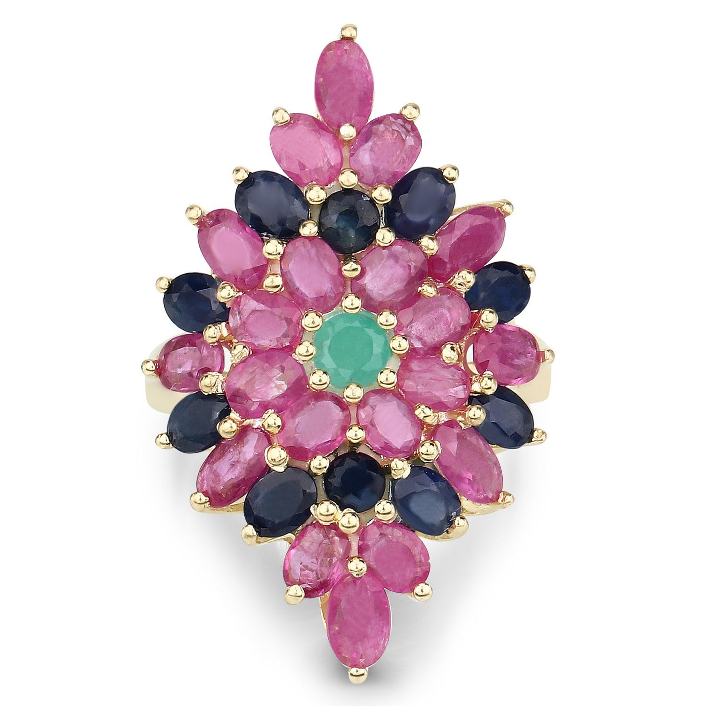 6.97 Carat Genuine Emerald, Blue Sapphire and Ruby Sterling Silver Ring