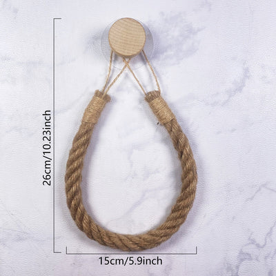 Wooden Hook Seamless Adhesive No Drilling Handmade Woven Hemp Rope Towel Rack Tissue Holder Bathroom Toilet - Korvel
