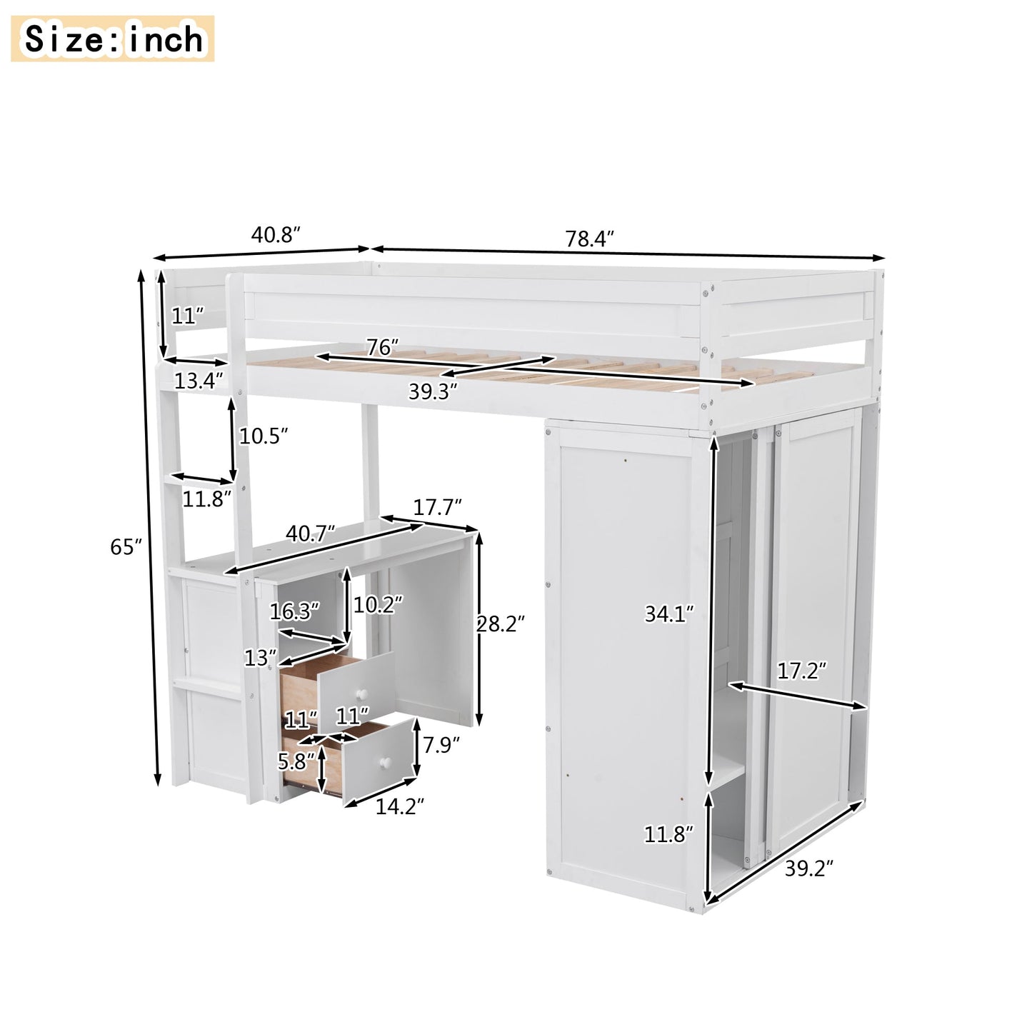 Wood Twin Size Loft Bed with Wardrobes and 2-Drawer Desk with Cabinet  White - Korvel