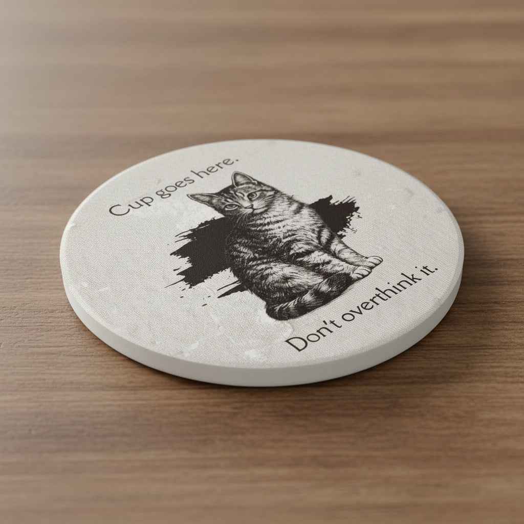 Cup Goes Here Cat Coaster - Clear Instructions for Beverage Placement