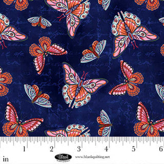 Tissu en coton bleu marine avec motifs de papillons Cameo Appearance - 44"/45" par yard