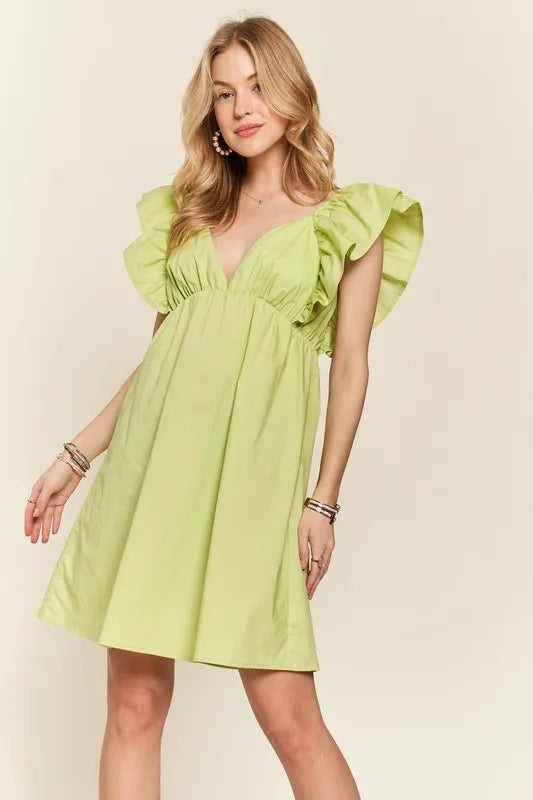 Vestido Babydoll con Mangas de Volante y Espalda Fruncida
