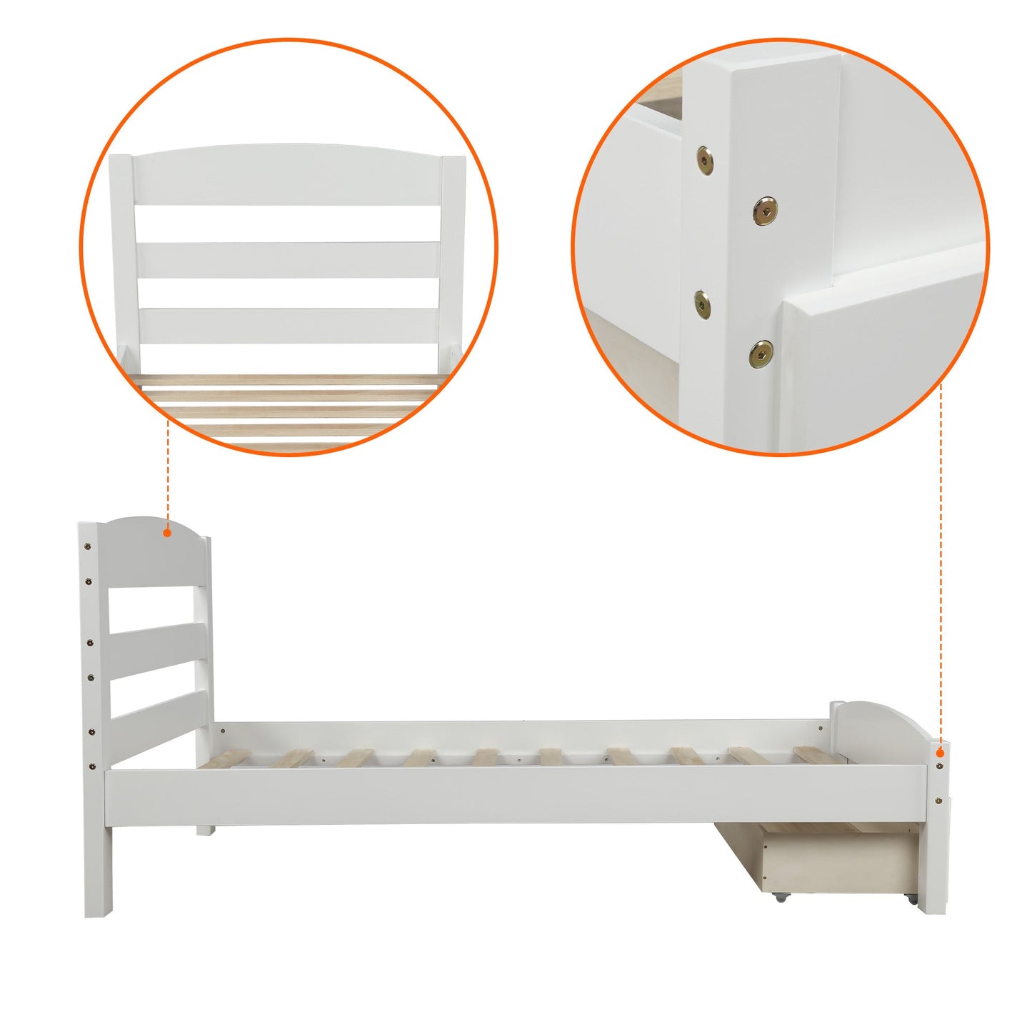 Elegant Platform Twin Bed Frame with Storage Drawer - White