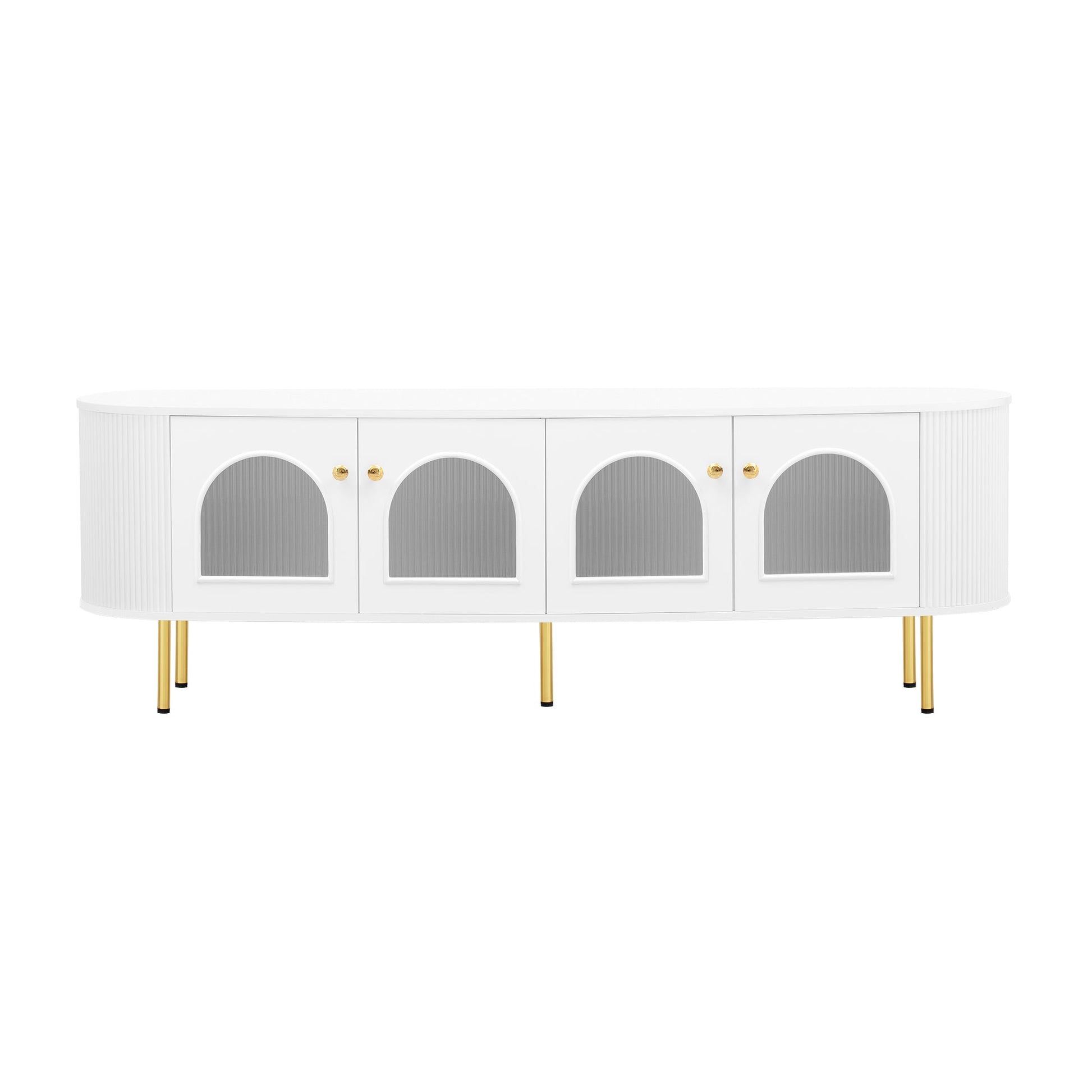 U-Can Modern TV Stand for TVs up to 80 Inches, Entertainment Center with 4 Cabinets, Wood with Metal Legs and Handles White - Korvel