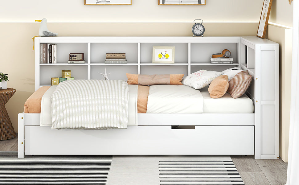 Wooden Twin Size DayBed with Twin Trundle, DayBed with Storage Shelf and USB Charging Ports,White - Korvel
