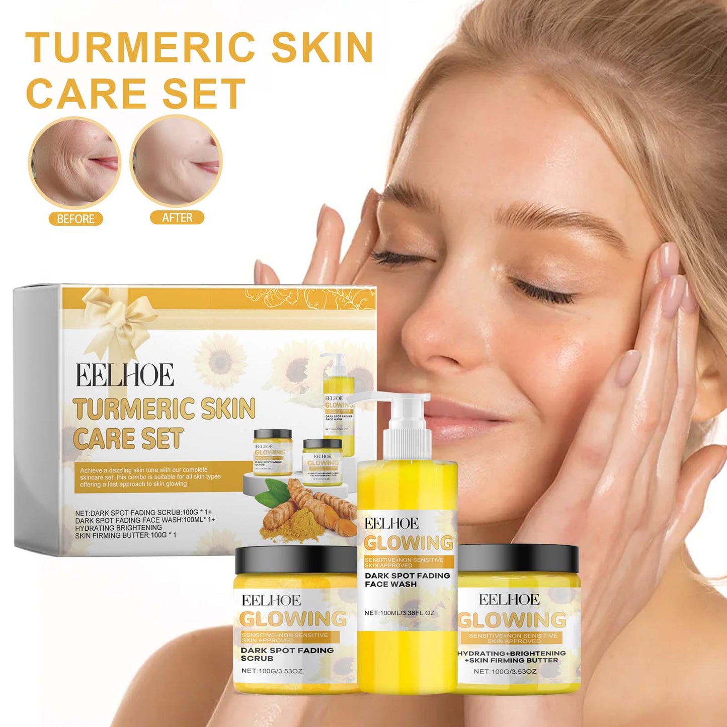 Turmeric Skin Care Set Hydrating Moisturizing Cleanser Refreshing Oil Control Subtle Lines Nourishing Cleansing Set - Korvel