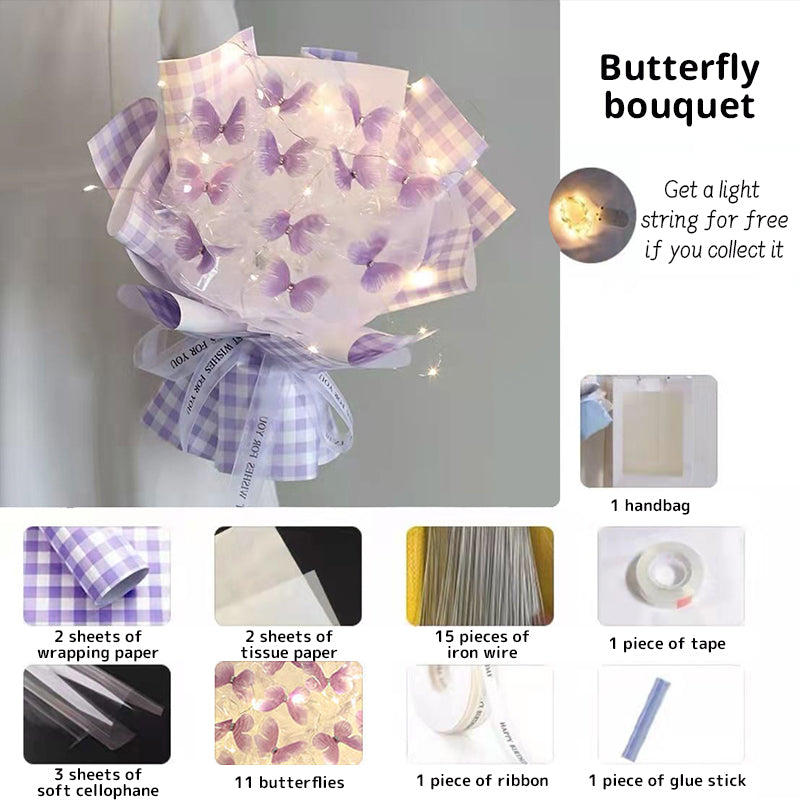 New DIY Butterfly Bouquets Handmade Butterfly Flower Material Package Bouquet with Light String Wedding Decor Gift for Girlfrien - Korvel