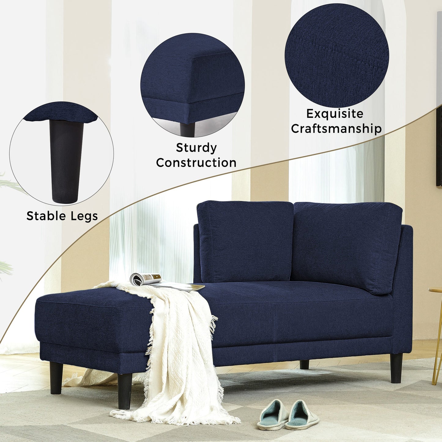 65" Mid-Century Modern Linen Fabric Corner Lounge Chair, Upholstered Indoor Chaise Lounge Solid Wood Sofa Bed for Bedroom - Korvel