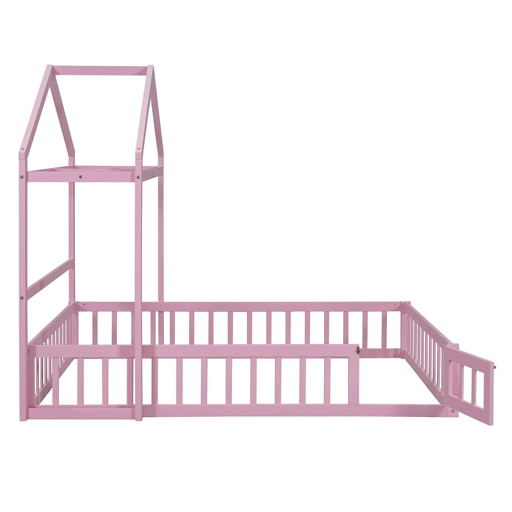 Wooden Full Size Children's Bed with Detachable Headboard and Integrated Clothes Drying Rack, Pink - Korvel