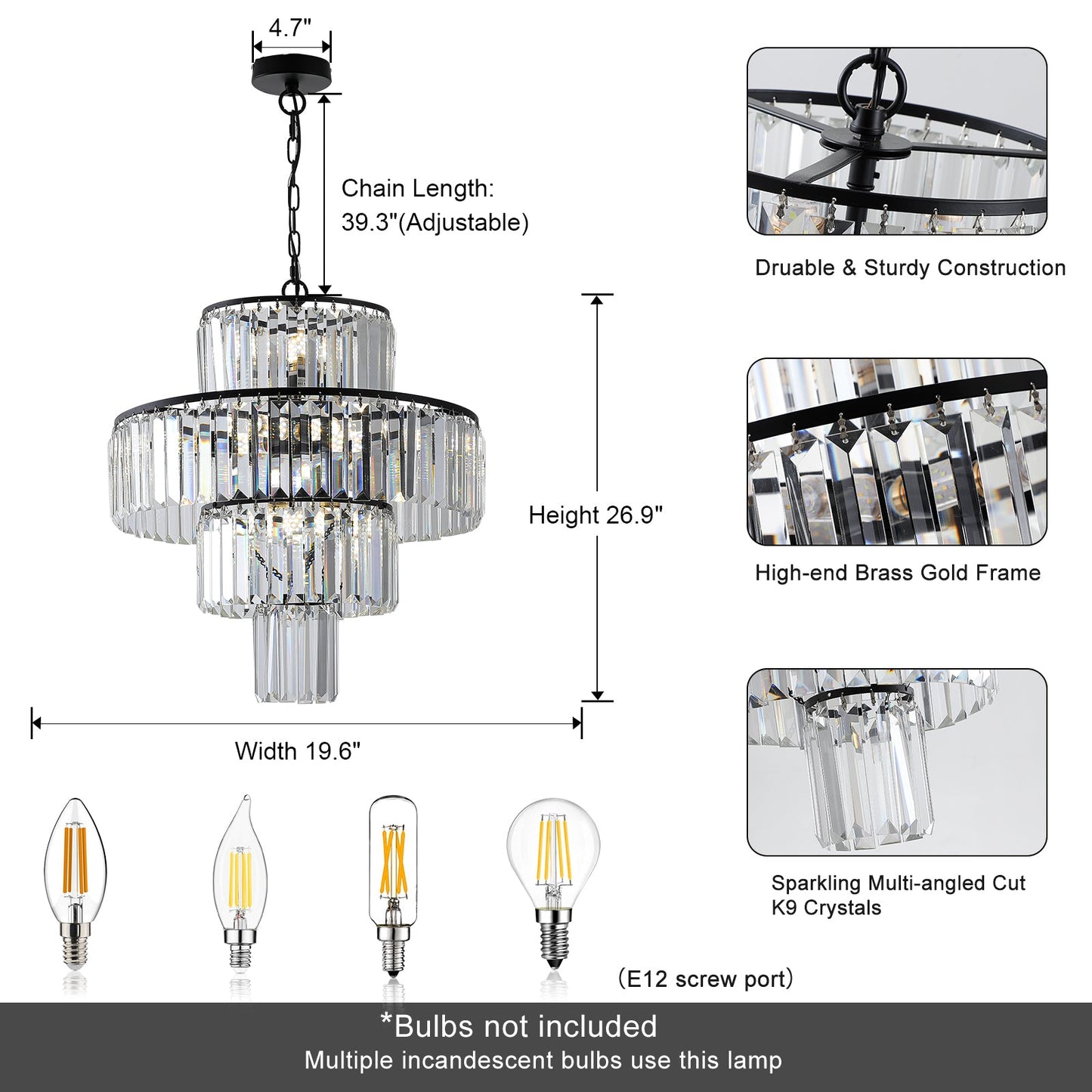 Black  Luxury Crystal Chandelier Modern Chandeliers Lights Fixture Hanging  Pendant Light Fixture for Dining Room Bedroom - Korvel
