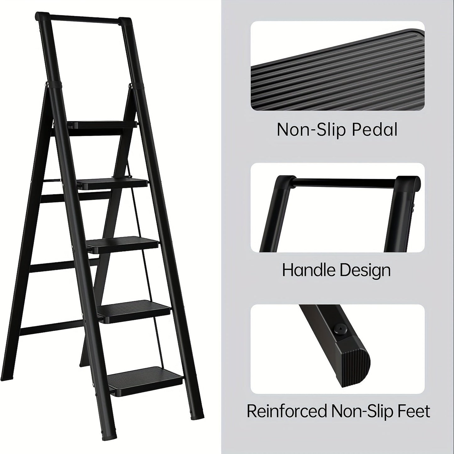 5-step ladder folding stool with anti slip wide pedals, lightweight and easy to carry handle folding ladder - Korvel