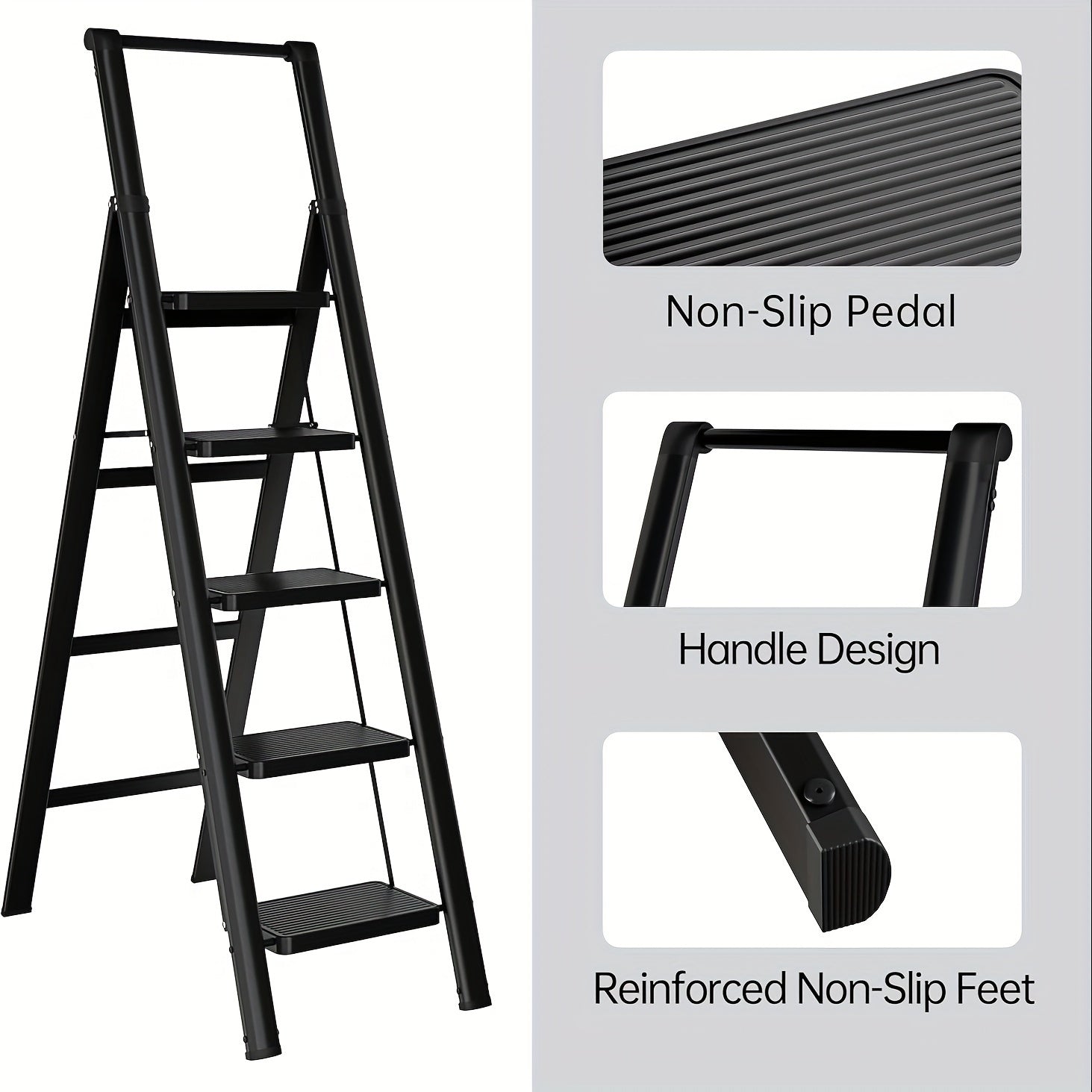 5-step ladder folding stool with anti slip wide pedals, lightweight and easy to carry handle folding ladder - Korvel