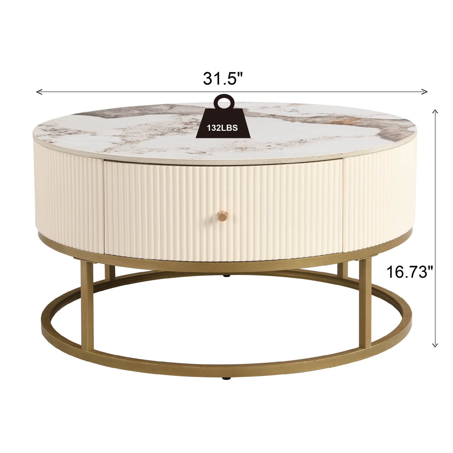 31.5 Inch Modern Round Coffee Table with Drawers, Marble Table with Storage, Coffee Table for Living Room - Korvel