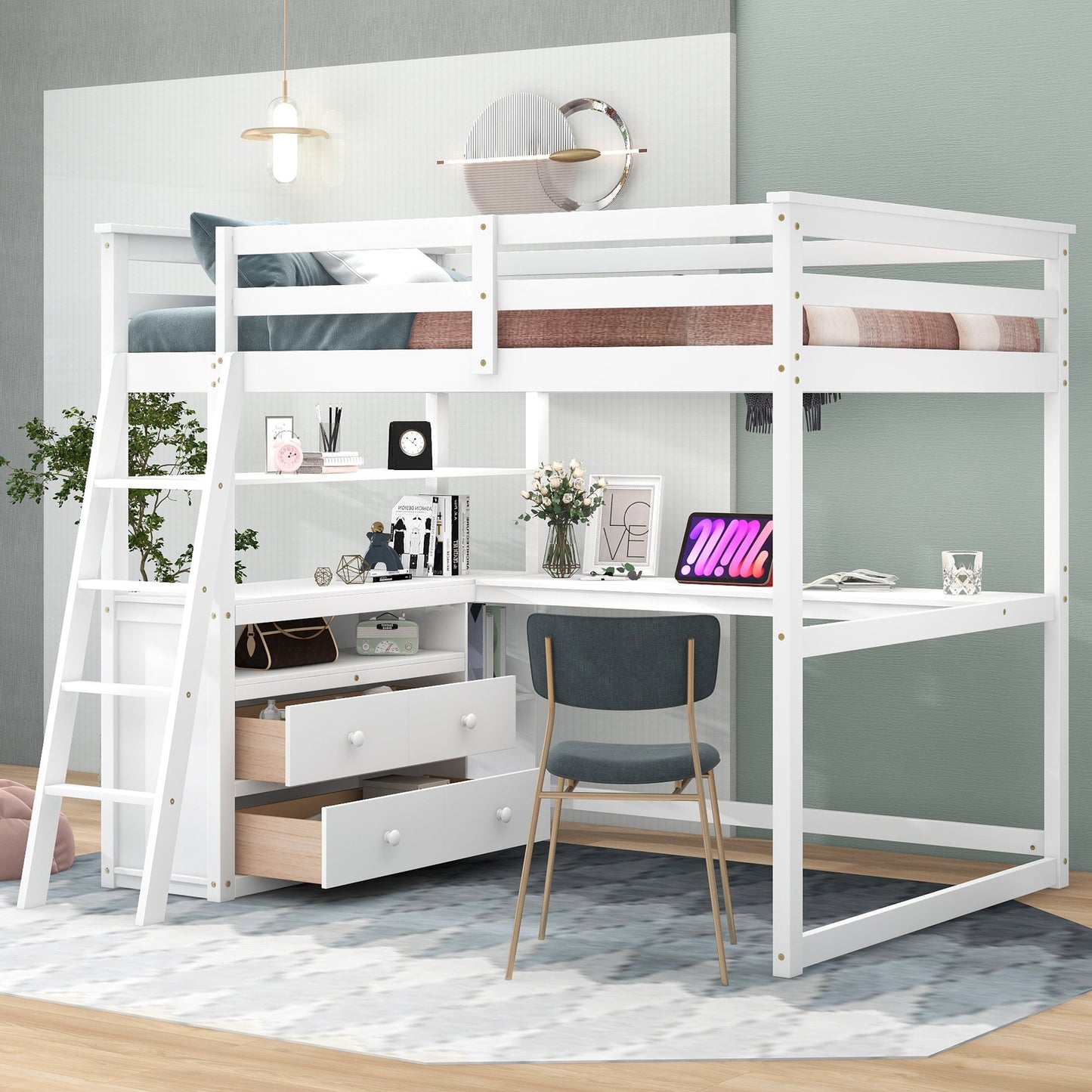 Cama loft de tamaño completo con escritorio y estantes, dos cajones incorporados