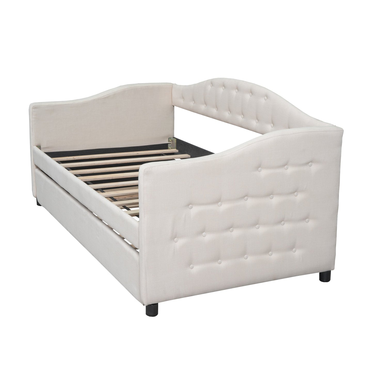 Upholstered Twin Size Daybed with Trundle, Beige - Korvel