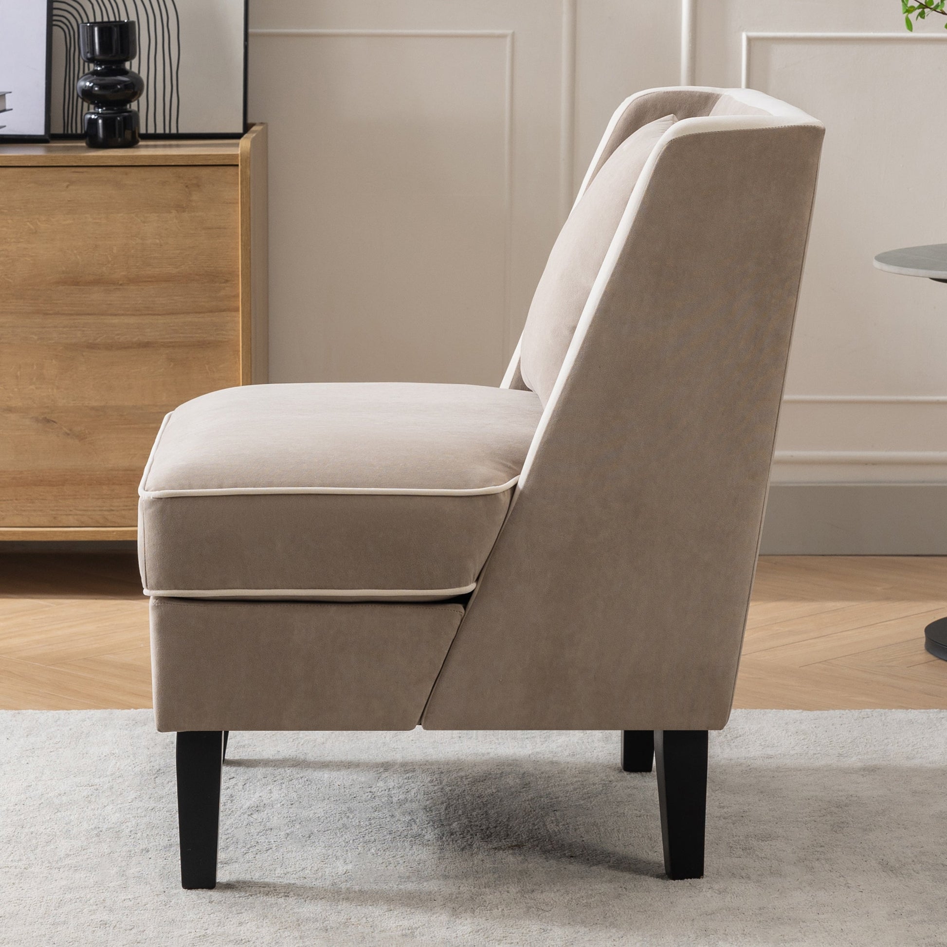 Velvet Upholstered Accent Chair with Cream Piping, Tan and Cream - Korvel