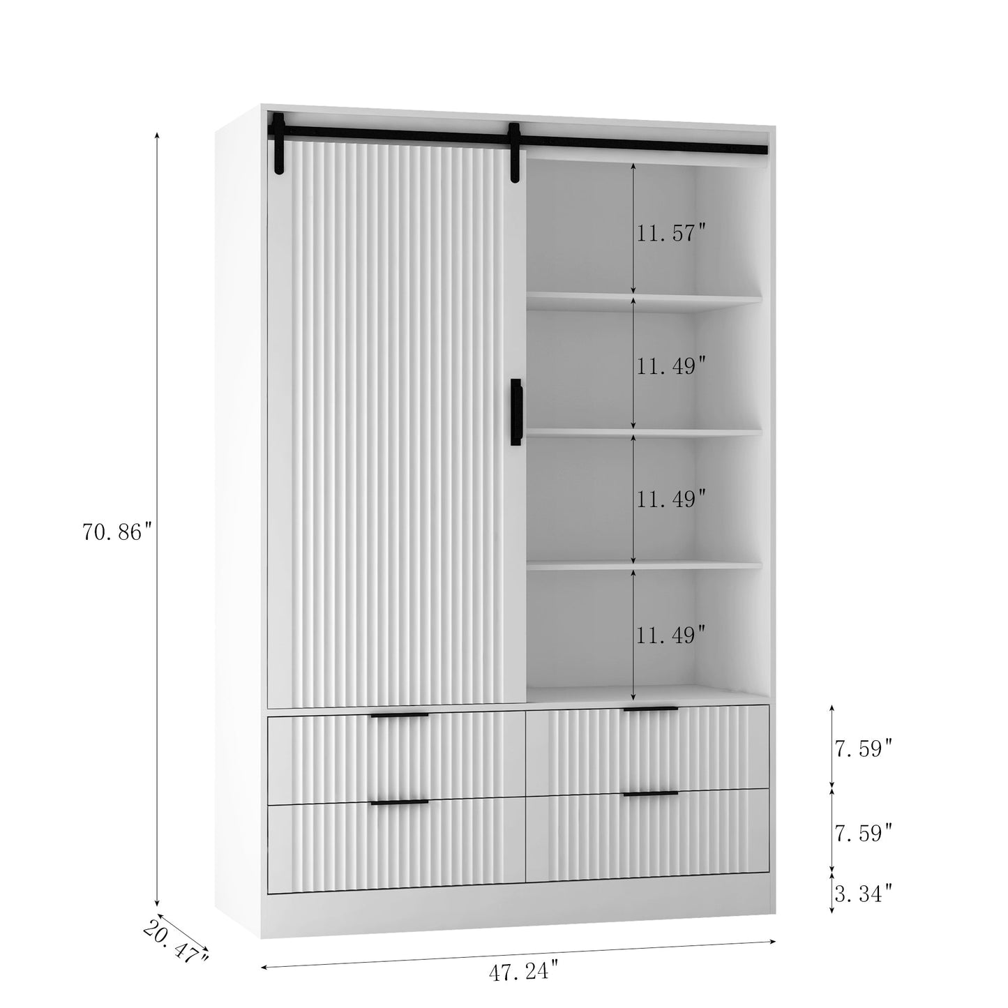 Tall Bedroom Armoire Wardrobe Closet Clothing Storage Cabinet with Hanging Rod Barn Door Drawers Open Shelves,White - Korvel