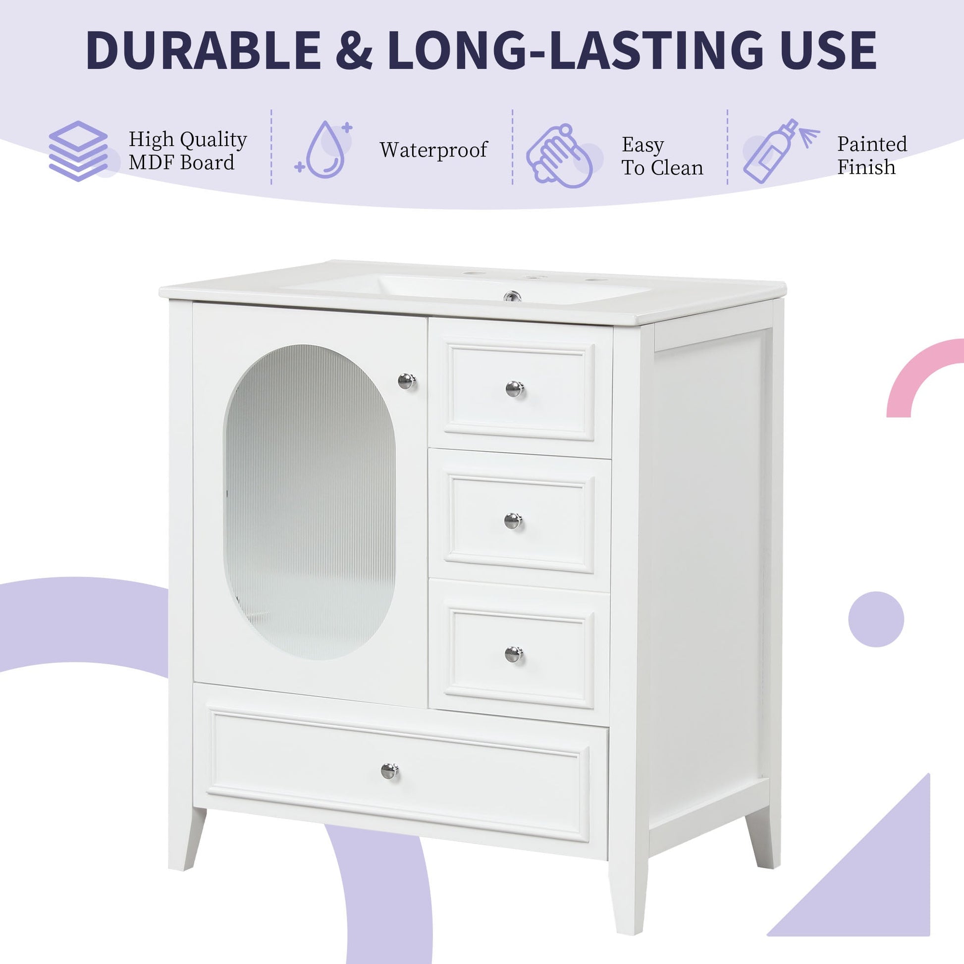 30" Bathroom Vanity with Sink, Bathroom Vanity Cabinet with Three Drawers and Door, Solid Wood and MDF, White - Korvel