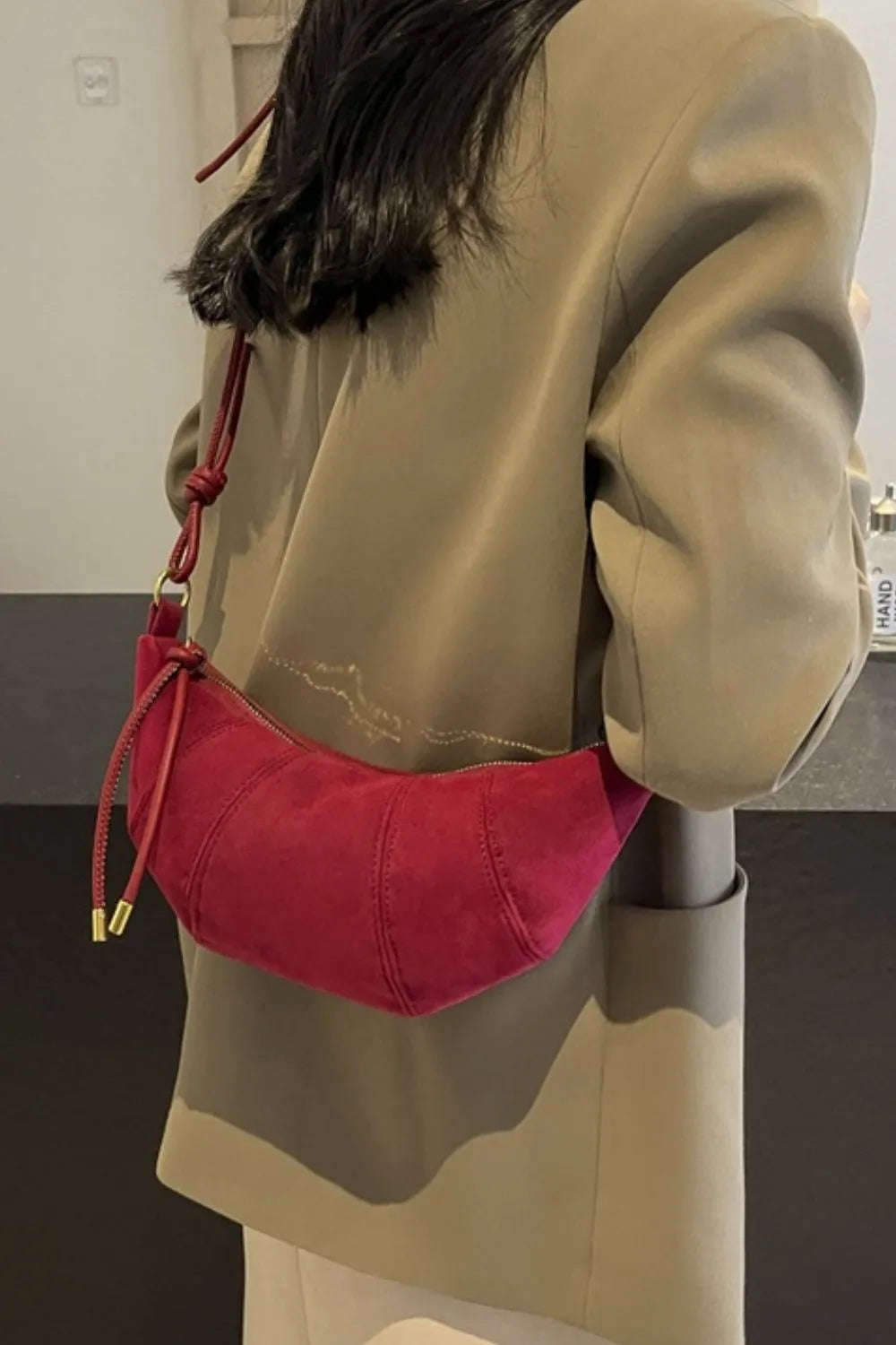 PU Leather Strap Suede Shoulder Bag - Korvel