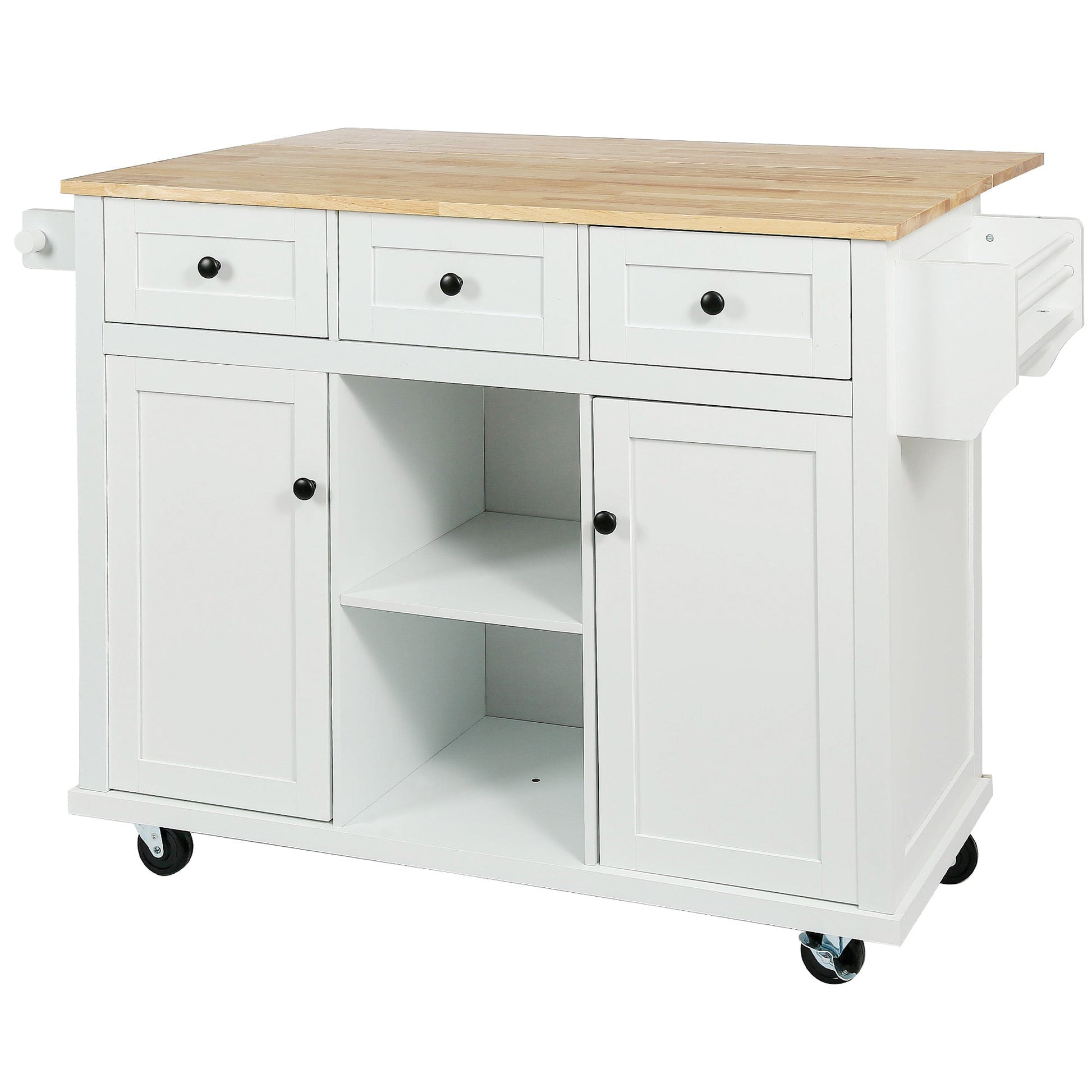 Kitchen trolley with rubber wood leaf countertop, 5-wheel kitchen island, storage cabinet and 3 dining drawers, white - Korvel