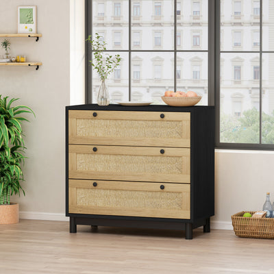 Elegante gabinete de almacenamiento de 3 cajones con cajones tejidos de cuerda