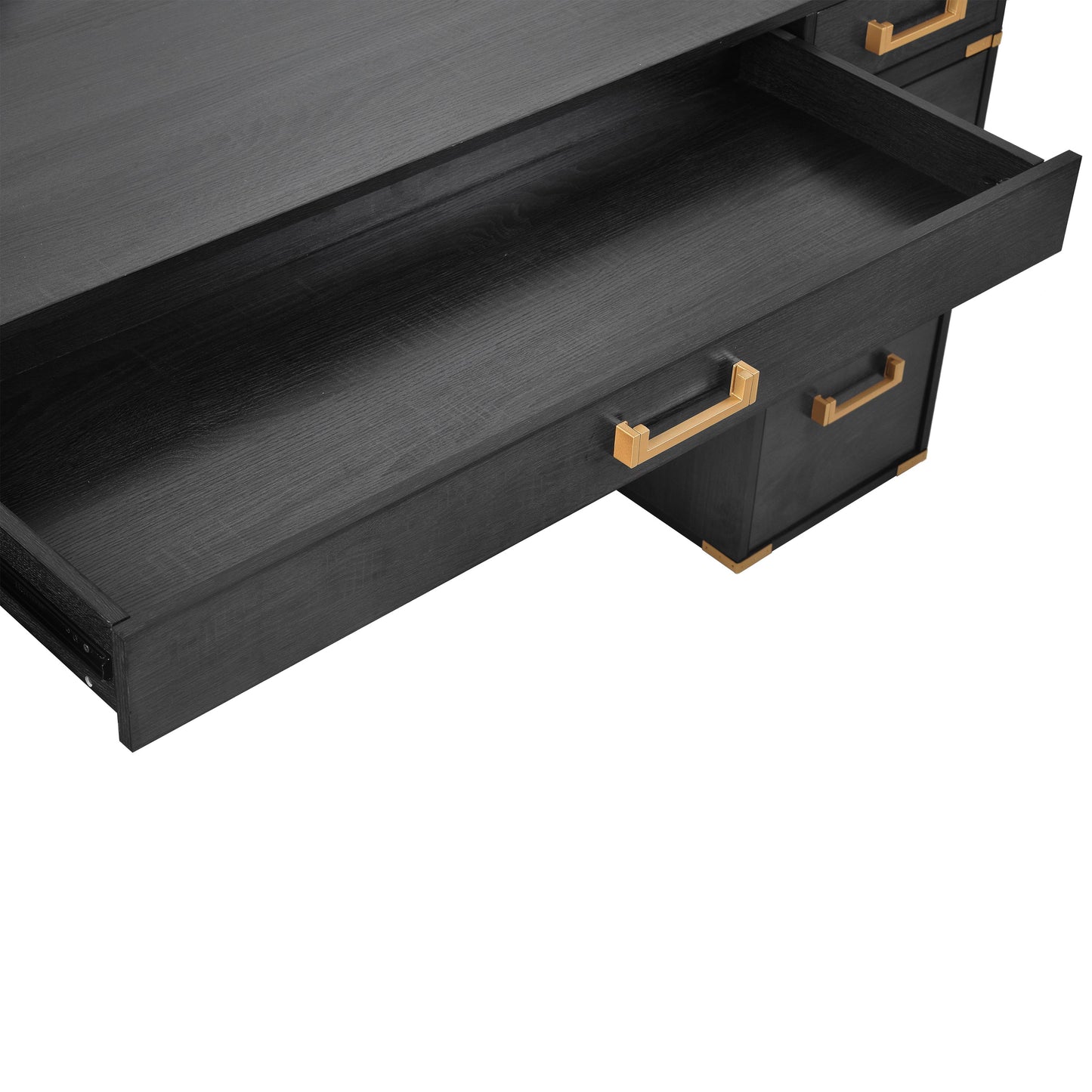 70 inch classic and traditional executive desk with metal trim, writing desk with 2 file drawers, USB ports, and sockets, black - Korvel