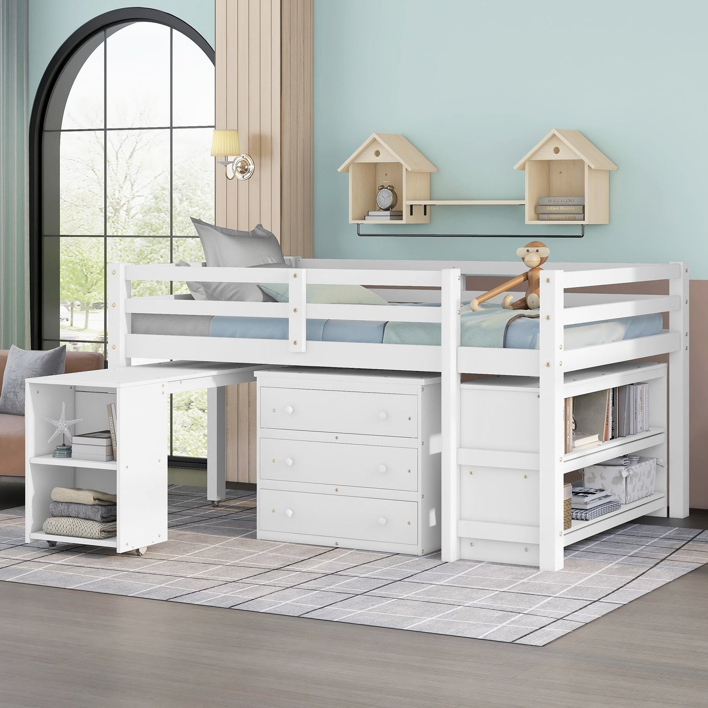 Low Study Full Loft Bed with Cabinet Shelves and Rolling Portable Desk Multiple Functions Bed- White - Korvel
