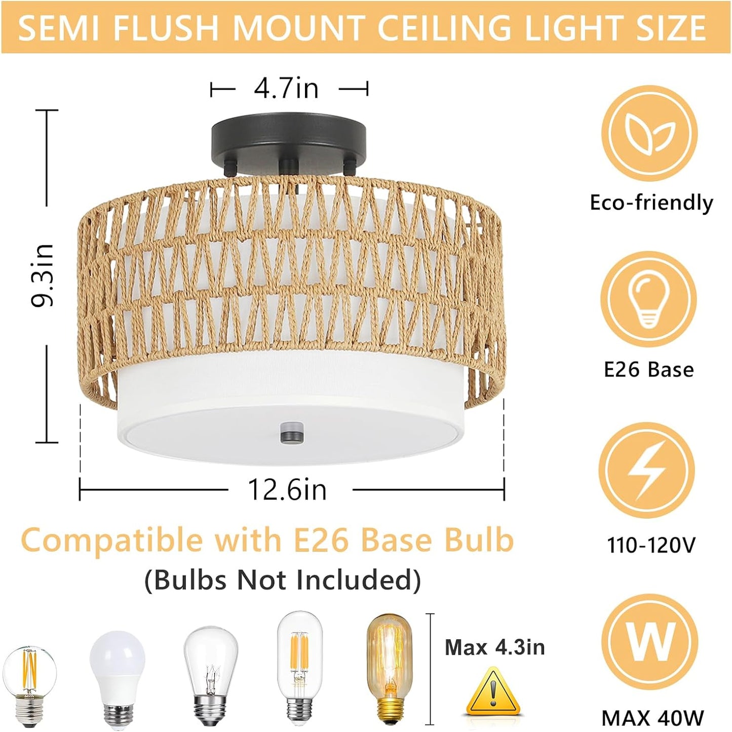 3-Light Semi Flush Mount Ceiling Light Fixture - Boho Rattan Design