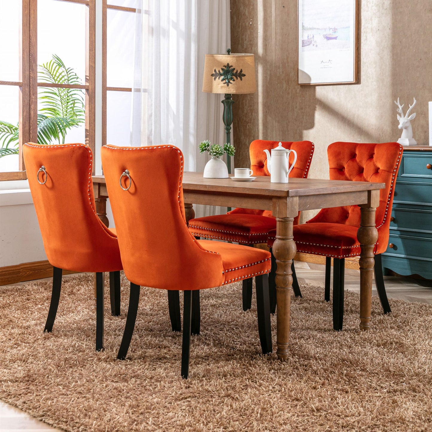 Premium Velvet Upholstered Dining Chair Set - Orange