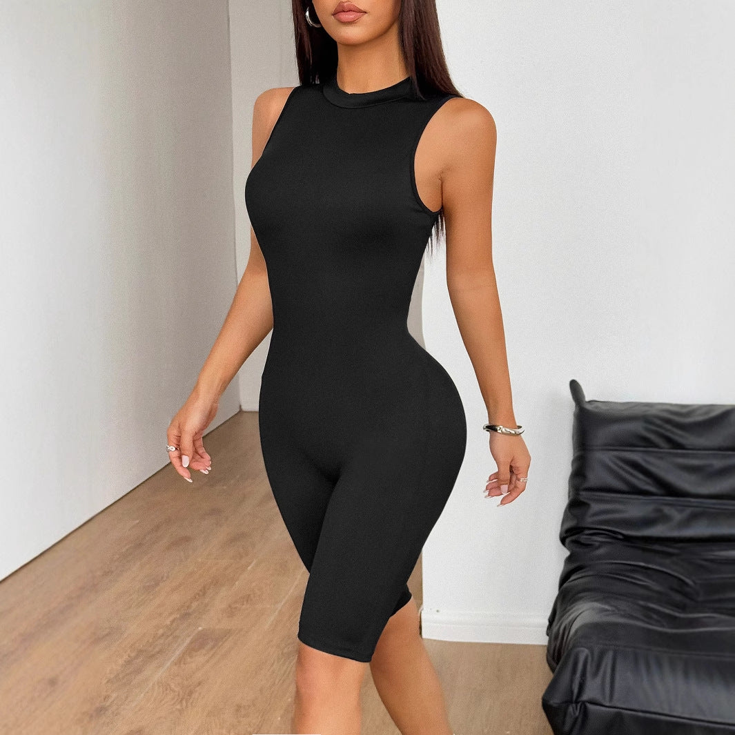 Sports style high elasticity solid color shorts jumpsuit - Korvel