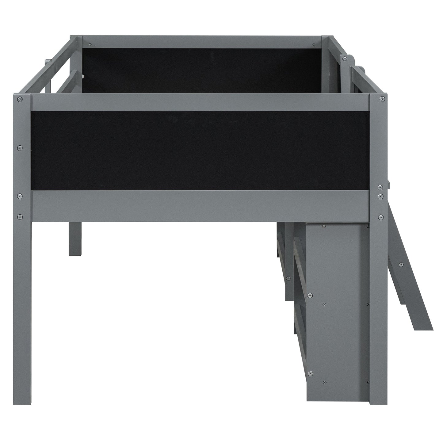 Twin Size Low Loft Bed with Two Movable Shelves and Ladder,with Decorative Guardrail Chalkboard,Gray - Korvel