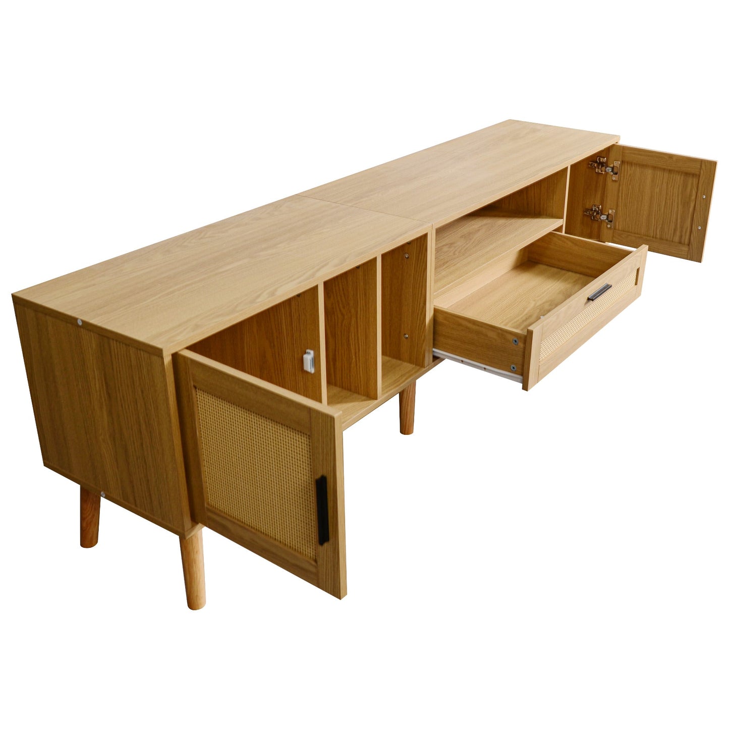 Vine TV stand with 2 cabinets and 2 open shelves, suitable for TVs under 80 inches, with solid wood legs for TV cabinets - Korvel