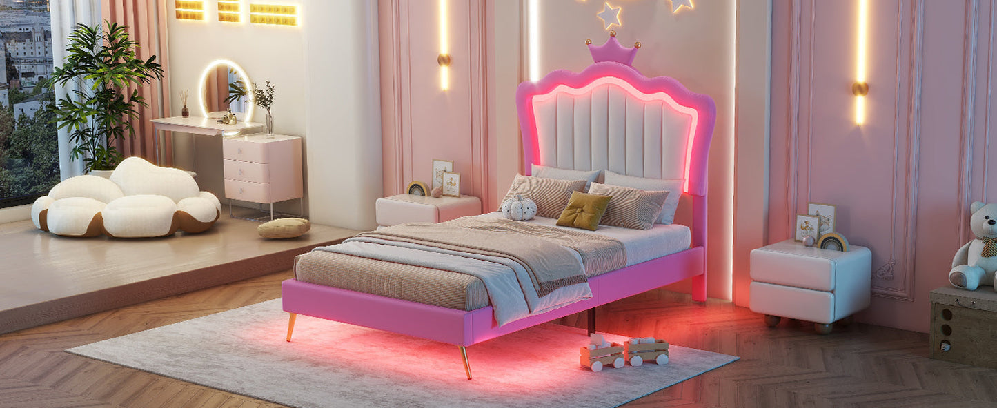 Twin Size Upholstered Bed Frame with LED Lights - Pink & White