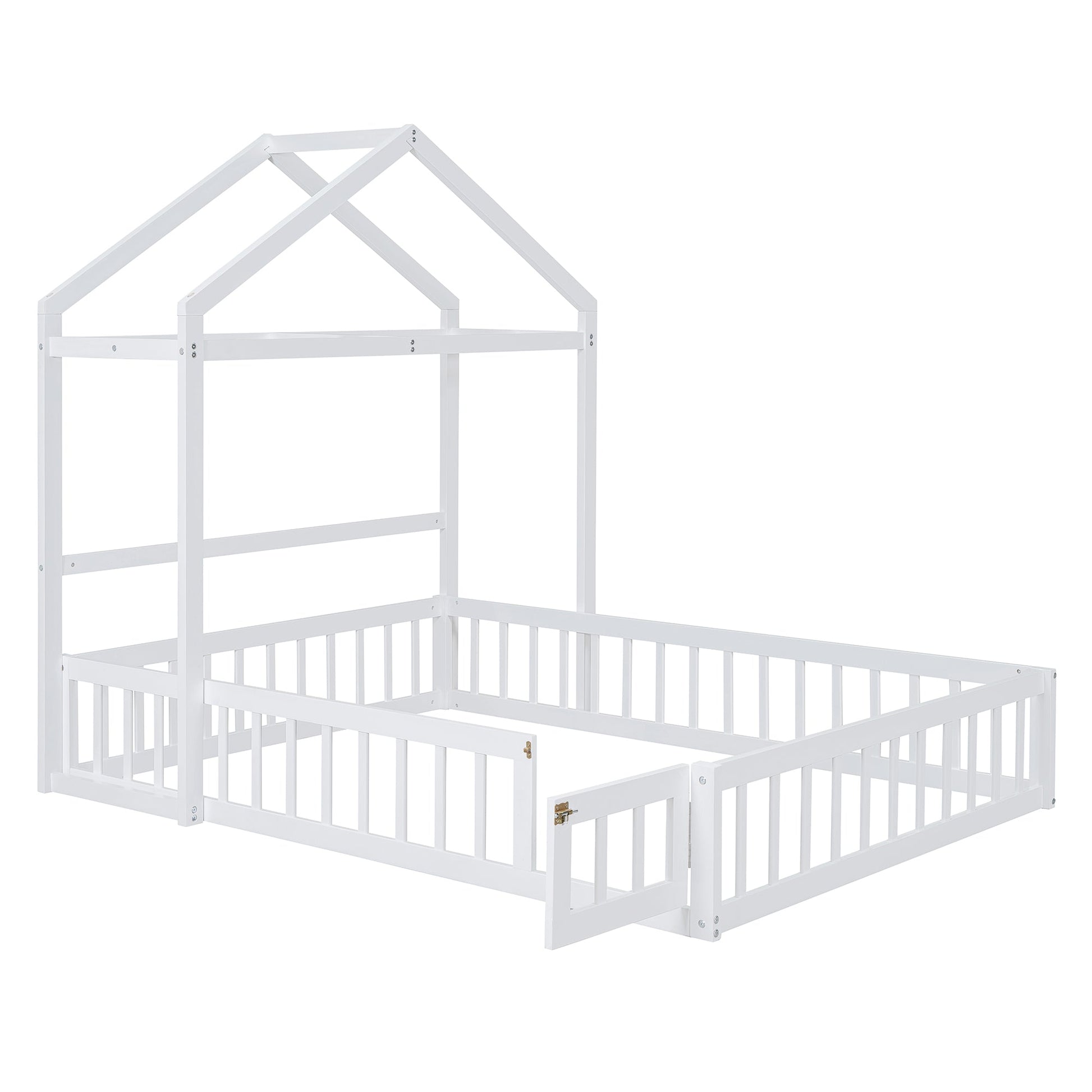 Wooden Full Size Children's Bed with Detachable Headboard and Integrated Clothes Drying Rack, White - Korvel