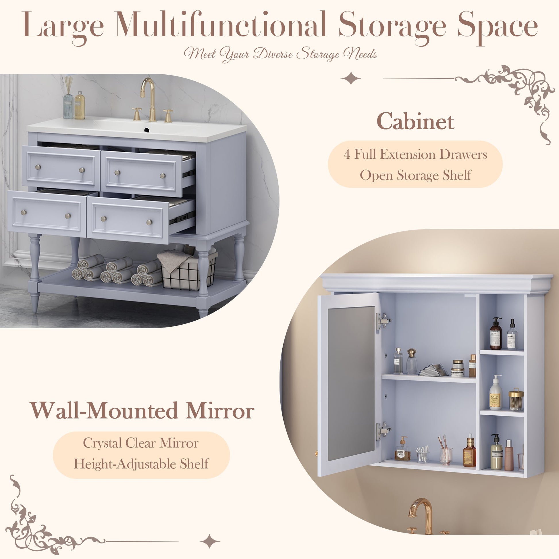 36'' Bathroom Vanity with Medicine Cabinet, Modern Mirror Cabinet with Adjustable Shelf, Bathroom Storage Cabinet with 4 Drawers - Korvel