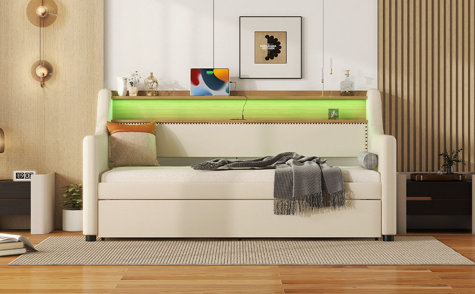 Twin Size Daybed with Trundle, Upholstered Daybed with Charging Station and LED Lights, Beige - Korvel