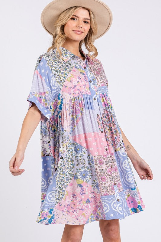 Pink Floral Collared Neck Half Sleeve Mini Shirt Dress