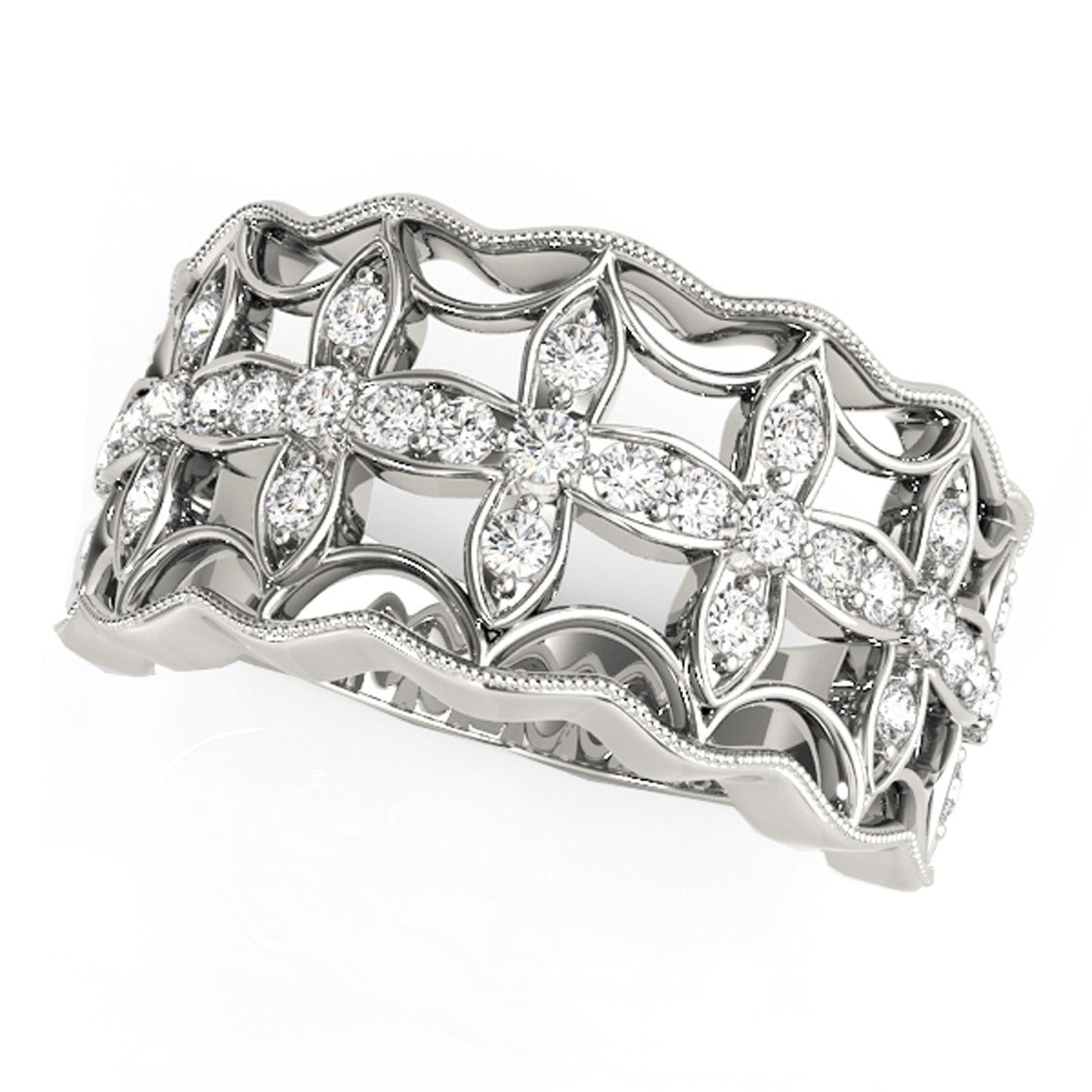 Diamond Studded Four Leaf Clover Ring in 14k White Gold