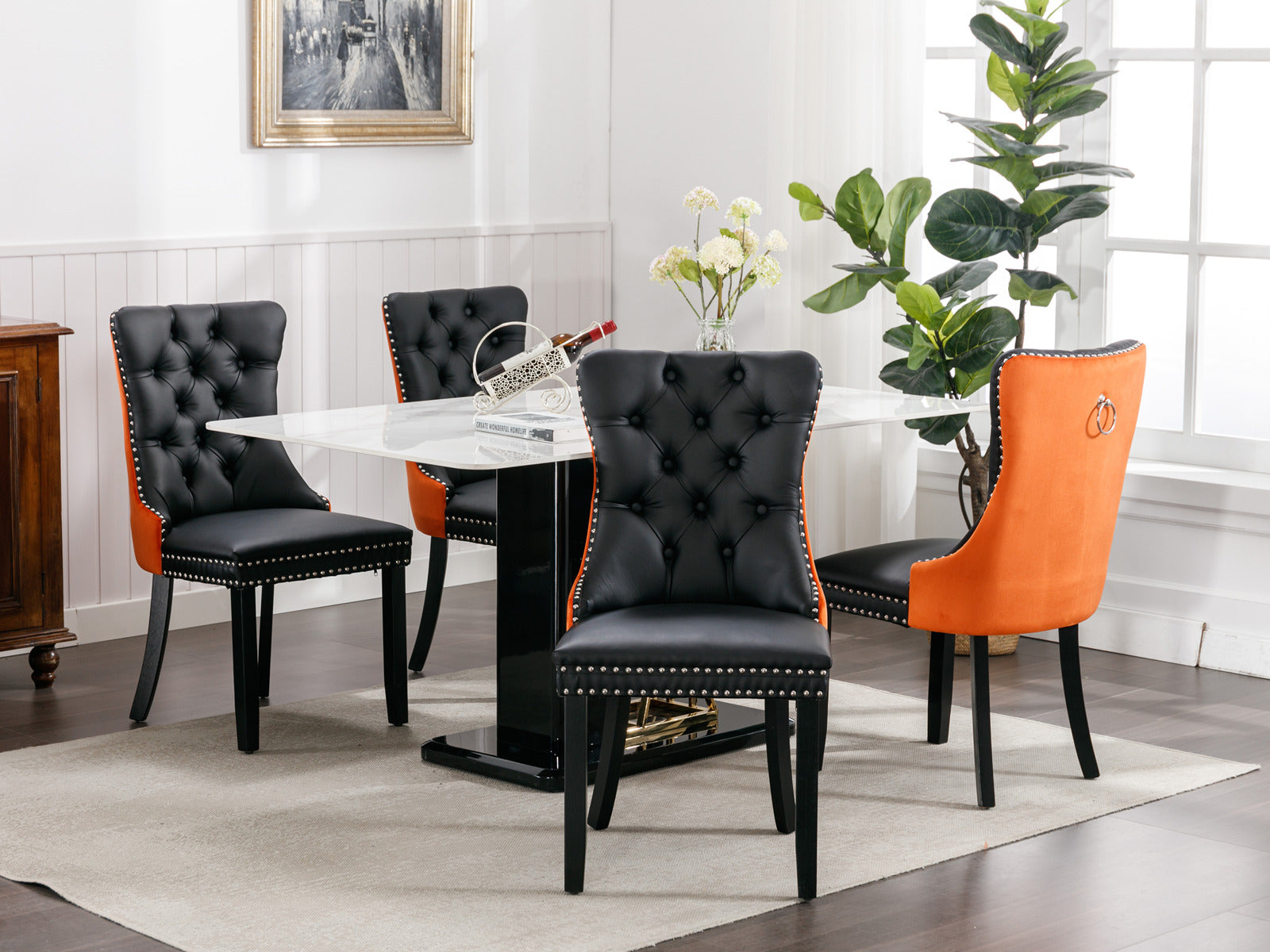 Tufted Solid Wood Contemporary PU and Velvet Upholstered Dining Chair with Wood Legs Nailhead Trim 2-Pcs Set Black+Orange - Korvel