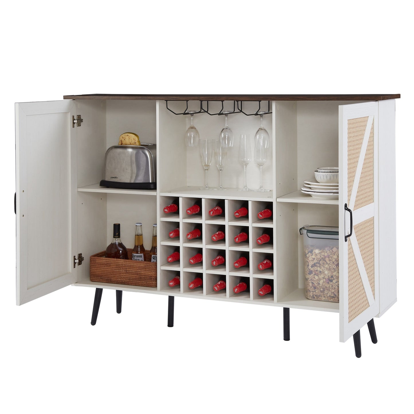 White Faux Rattan Barn Door Wine Cabinet with Wine Rack and Wine Glass Rack, Double Door Design with Removable Shelves - Korvel