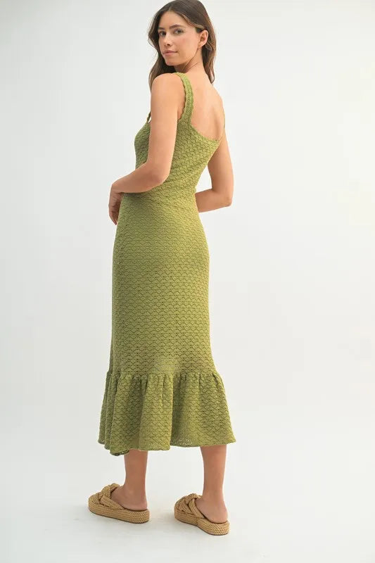 Elegant Ruffled Hem Sleeveless Crochet Knit Midi Dress